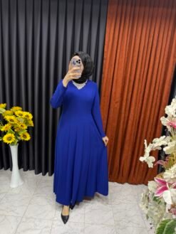 Mevlana Model Pile Detaylı Elbise Saks Mavisi