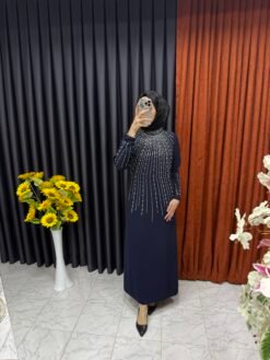 Işınsal İnci İşlemeli Elbise Lacivert