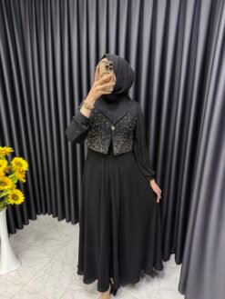 Şifon Mevlana Model Cepkenli Abiye Siyah