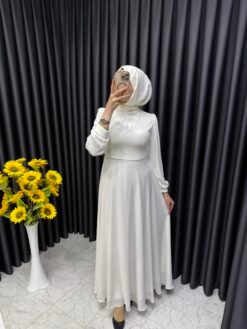 Şifon Mevlana Model Cepkenli Abiye Beyaz