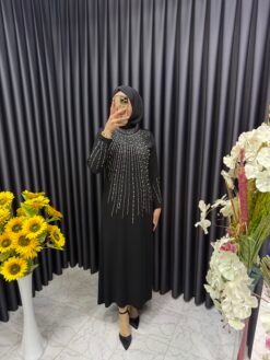 Işınsal İnci İşlemeli Elbise Siyah