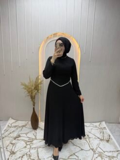 Beli Üçgen Taş İşlemeli Elbise Siyah