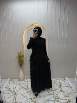 Fırfırlı Taşlı Fular Abiye Siyah
